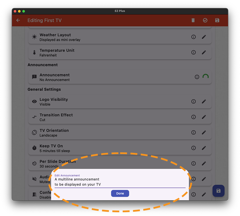 ezplus announcement tv settings