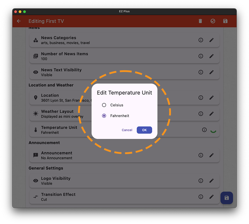 ezplus tv setting for temperature unit