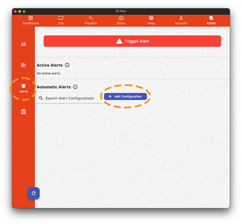 eztv alert management is accessible from the admin tab