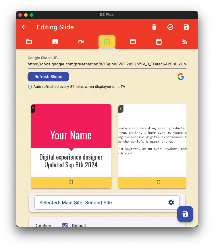 Free digital signage for Apple TV from eztv with Google Slides and Google Calendars integration