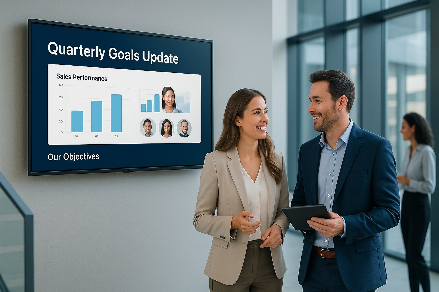 Digital signage for businesses in corporate offices displaying KPIs on EZTV