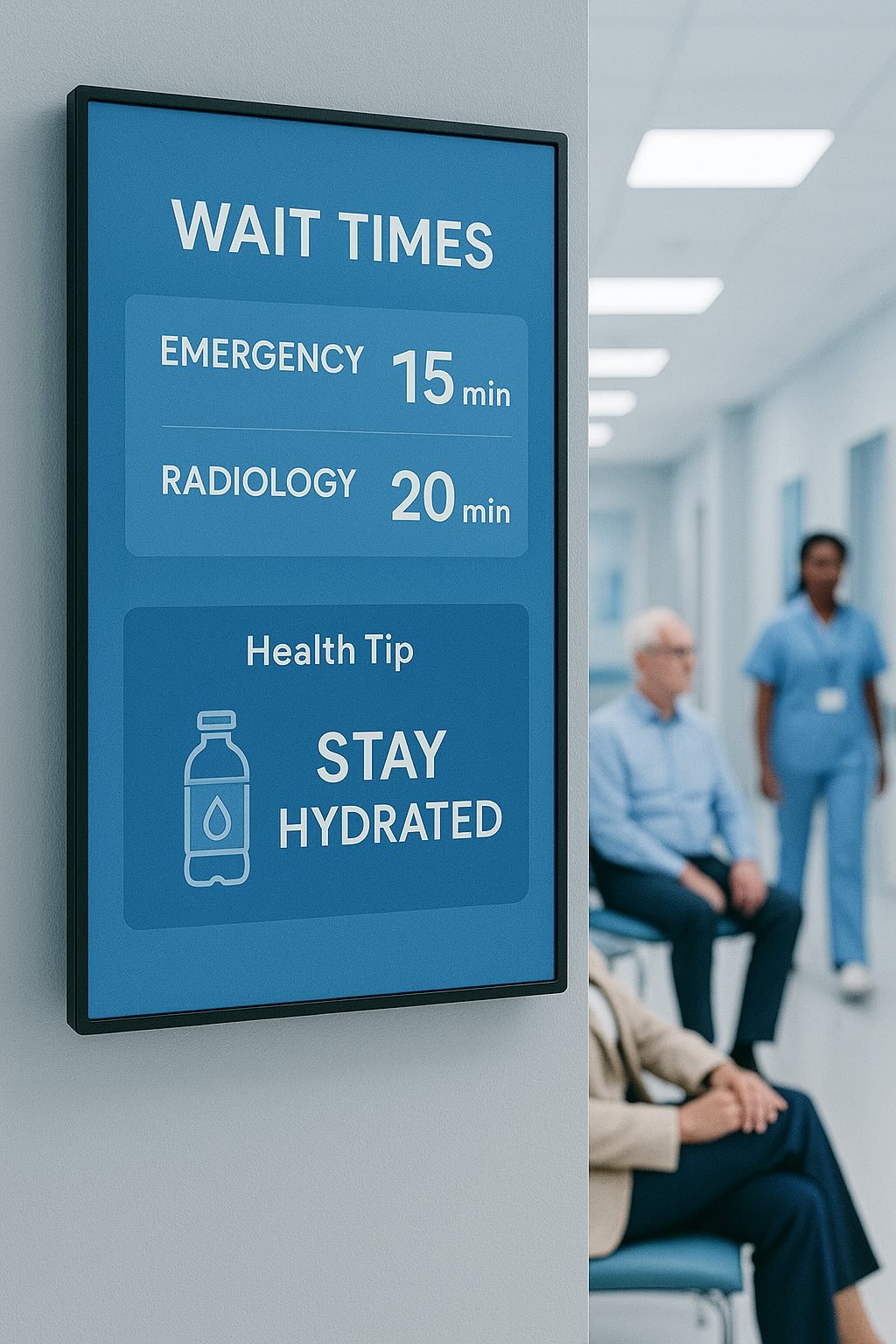 Business digital signage in healthcare facilities displaying patient wait times on Apple TV using EZTV