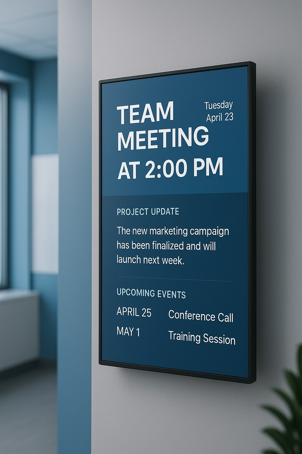 Digital signage for businesses in corporate offices sharing team meeting announcements on Apple TV using EZTV