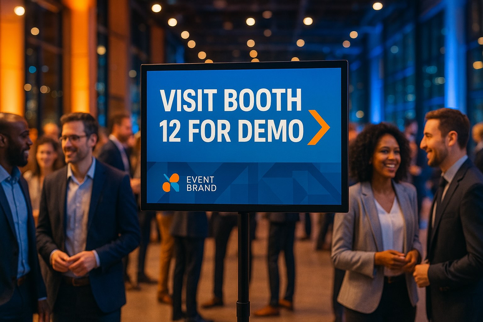 Business digital signage in trade shows guiding event attendees on Apple TV.