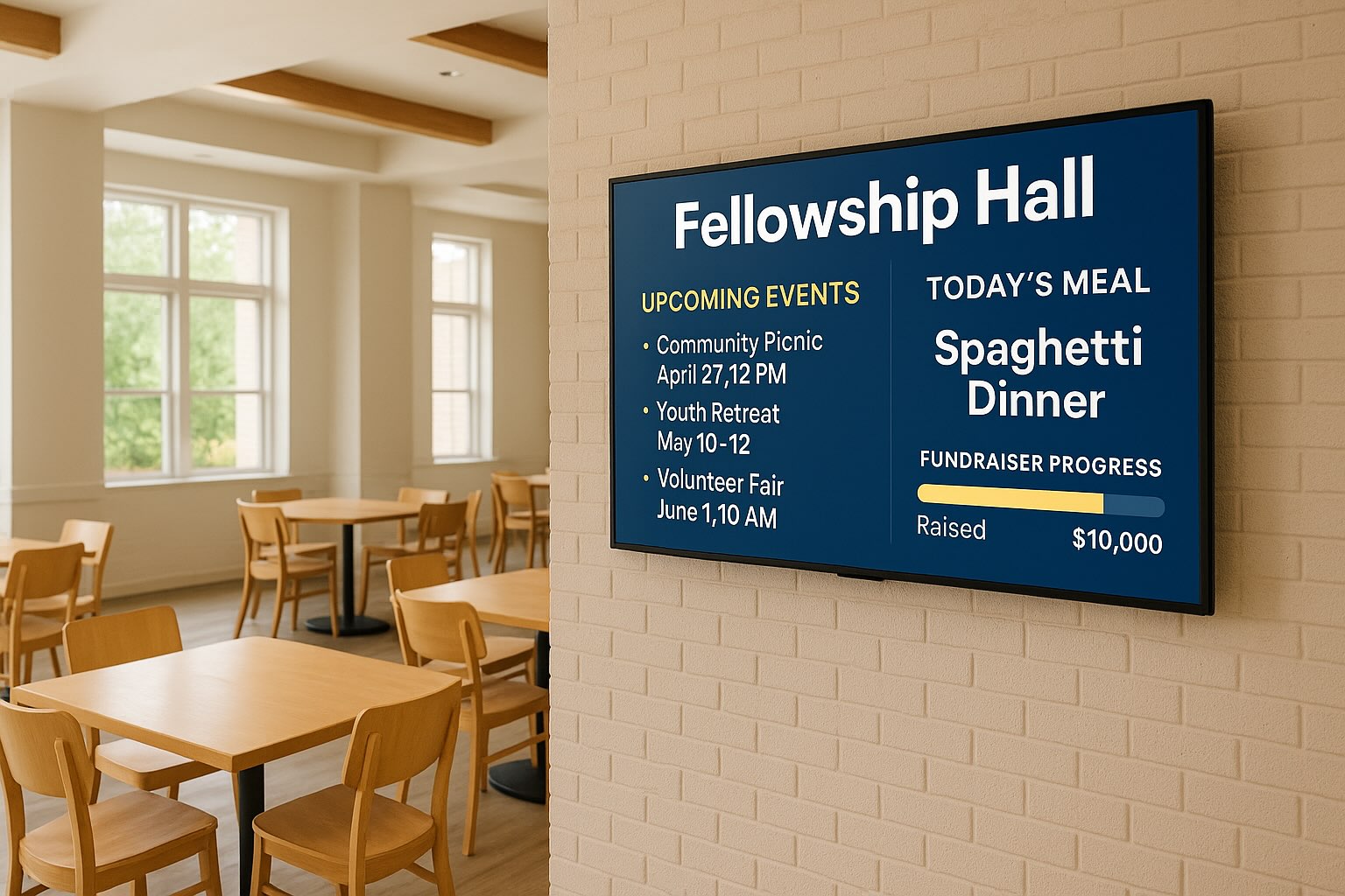 Digital signage for churches in fellowship hall on Apple TV