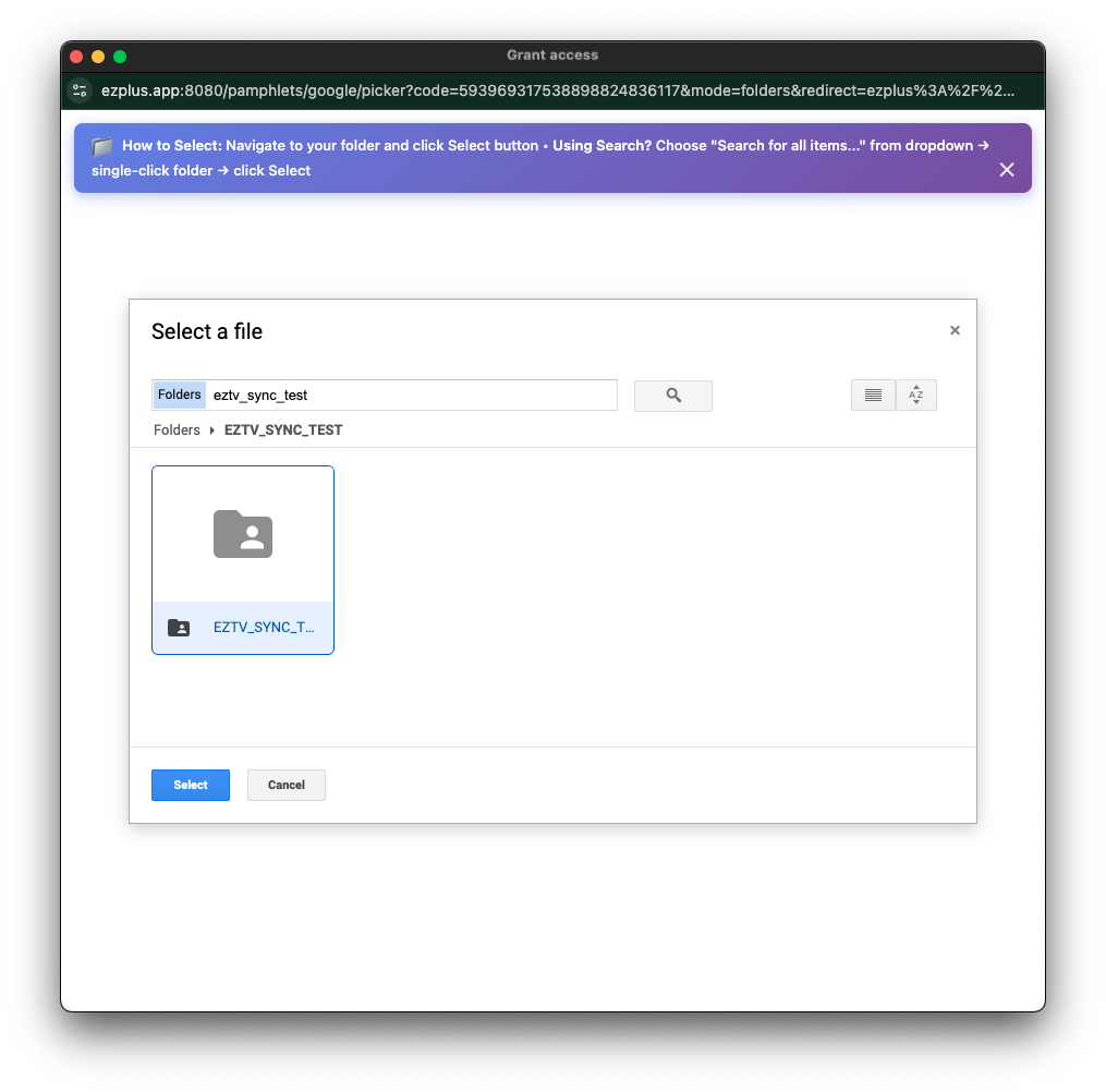 Selecting the folder you want to sync in EZTV by single clicking on it